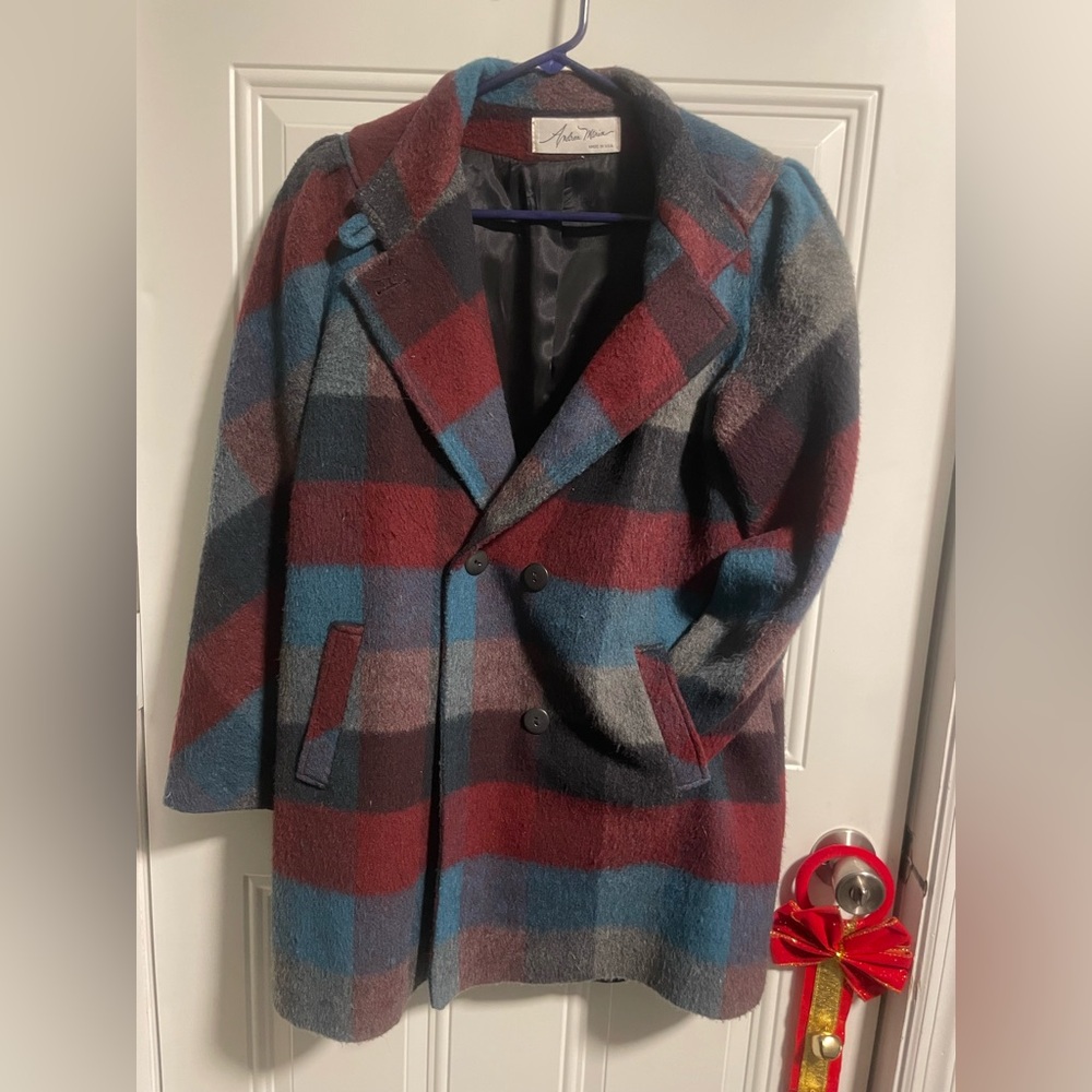 Vintage Andrea Marin Plaid Wool Coat Women’s Size 16 MADE IN USA